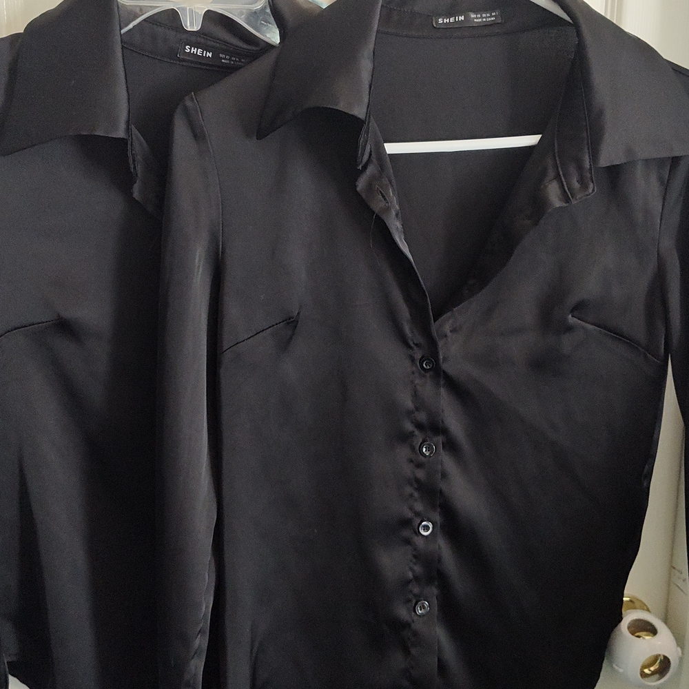 TWO Xs SHEIN Black Satin Button-Down Blouse Long Sleeve